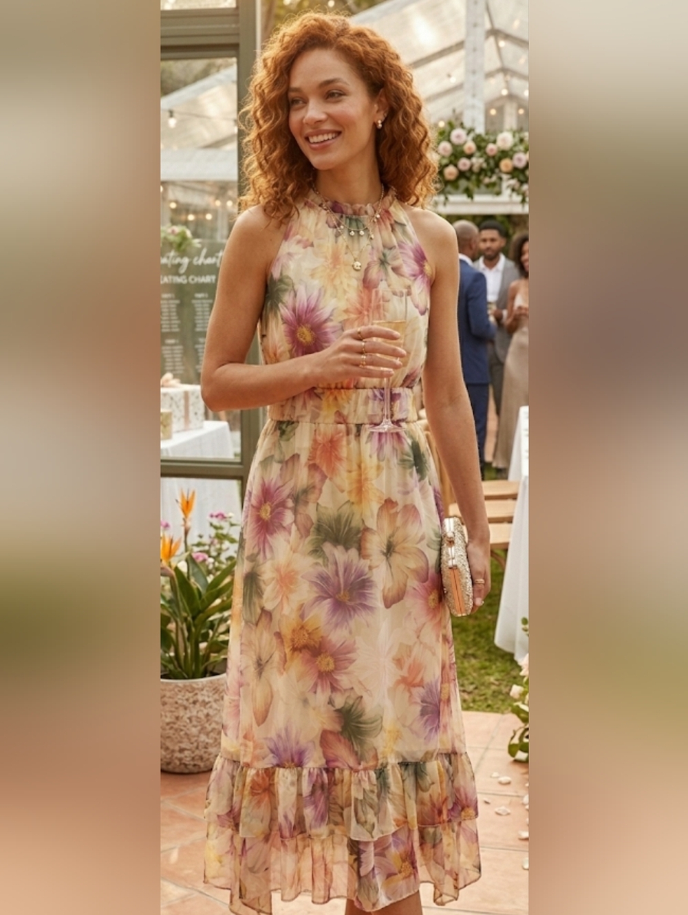Stunning Floral Halter Midi Dress with Ruffle Hem

  Sz. L